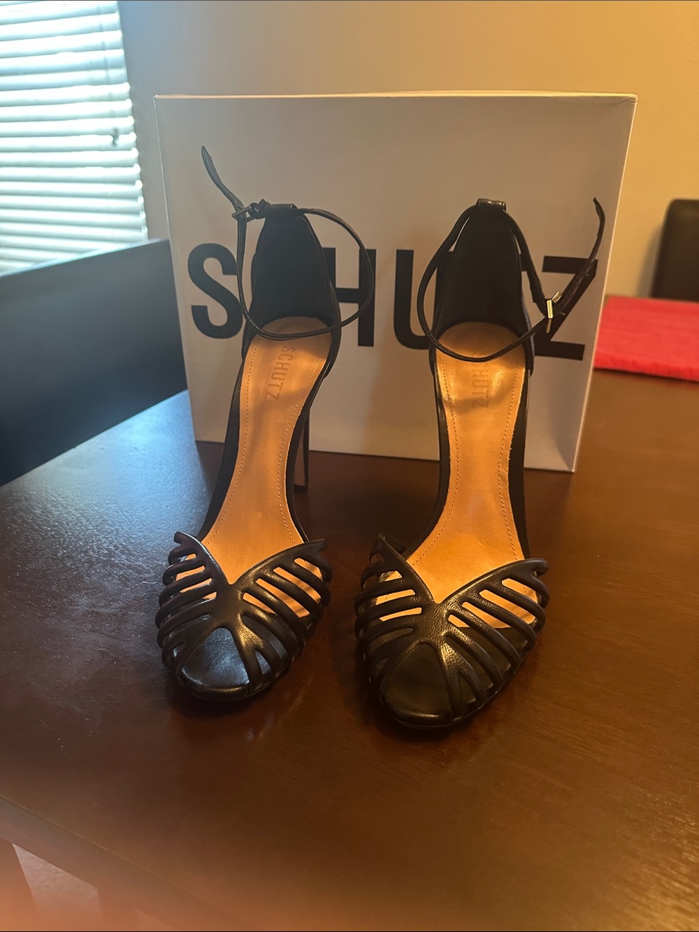 SCHUTZ Black Strappy Open-Toe Ankle Strap Heels